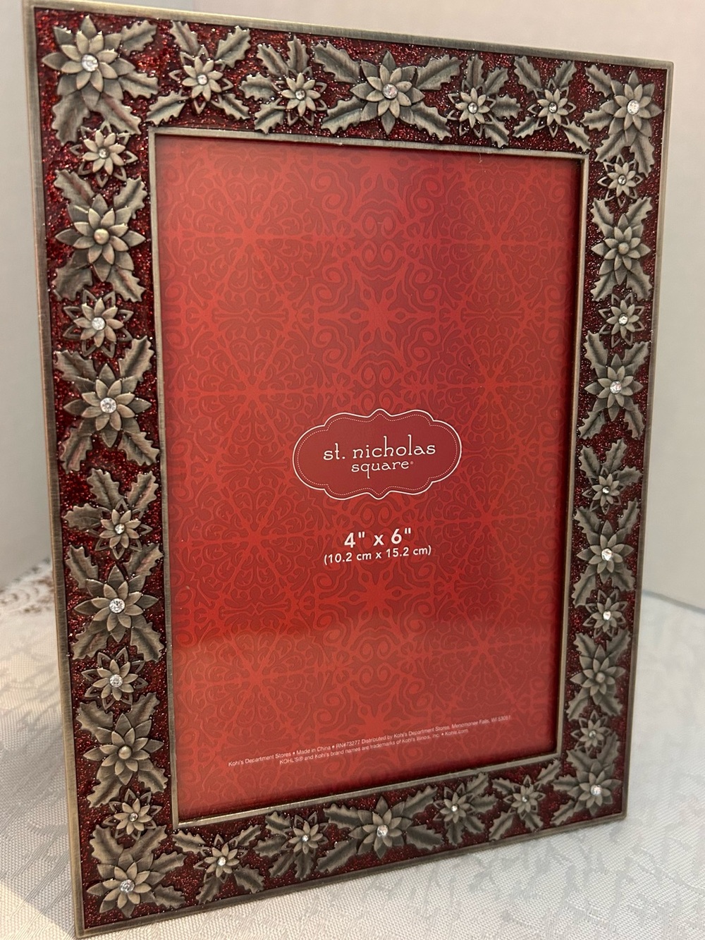 St Nicholas Square Metal Pointsettia w/Clear Crystals Red Enamel 4x6 Photo Frame